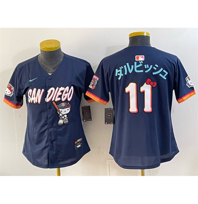 Women's San Diego Padres X Hello Kitty #11 ダルビッシュ Obsidian 2026 City Connect Stadium Stitched Baseball Jersey(Run Small)