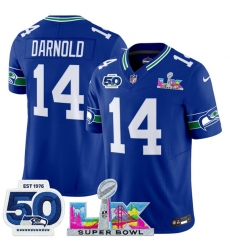 Men's Seattle Seahawks #14 Sam Darnold Royal 2025 F.U.S.E. Super Bowl LX And 50th Season Vapor Throwback Limited Football Stitched Jersey