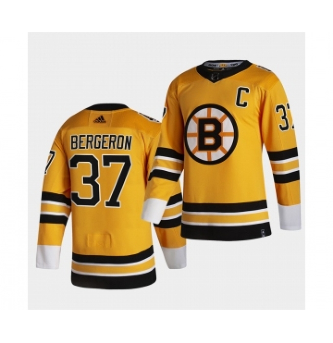 Men's Patrice Bergeron #37 with C patch Bruins Reverse Retro Special Edition yellow Jersey