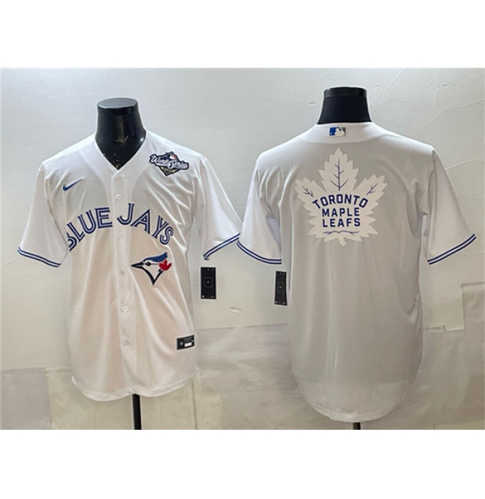 Men's Toronto Blue Jays & Leafs White 2025 World Series With White Leafs Logo Cool Base Stitched Baseball Jersey