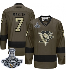 Men's Reebok Pittsburgh Penguins #7 Paul Martin Premier Green Salute to Service 2017 Stanley Cup Champions NHL Jersey