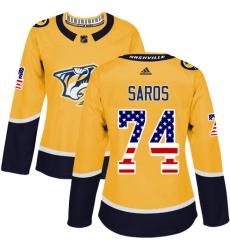 Women's Adidas Nashville Predators #74 Juuse Saros Authentic Gold USA Flag Fashion NHL Jersey