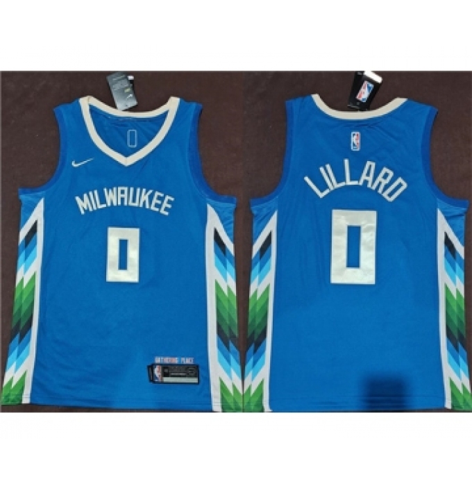 Men's Milwaukee Bucks #0 Damian Lillard Blue 2022-23 City Edition Stitched Basketball Jersey