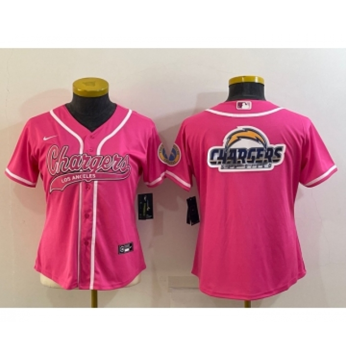 Women's Los Angeles Chargers Pink Team Big Logo With Patch Cool Base Stitched Baseball Jersey