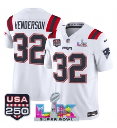 Men's New England Patriots #32 TreVeyon Henderson White 2025 F.U.S.E. Super Bowl LX And USA 250 Vapor Limited Football Stitched Jersey