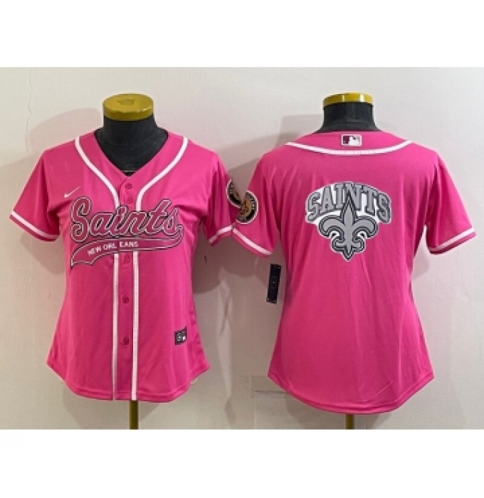 Women's New Orleans Saints Pink Team Big Logo With Patch Cool Base Stitched Baseball Jersey