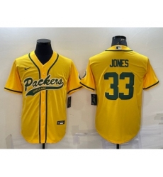 Men's Green Bay Packers #33 Aaron Jones Yellow With Patch Cool Base Stitched Baseball Jersey