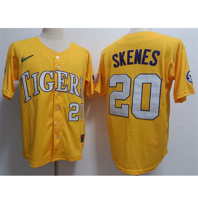 Men's LSU Tigers #20 Paul Skenes Gold 2023 Stitched Baseball Jersey