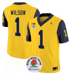 Men's Michigan Wolverines #1 Roman Wilson 2023 F.U.S.E. Yellow Navy Rose Bowl Stitched Jersey