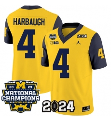 Men's Michigan Wolverines #4 Jim Harbaugh Yellow Navy 2024 F.U.S.E. With 2023 National Champions Stitched Jersey