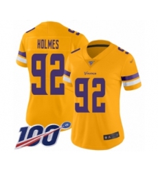 Women's Minnesota Vikings #92 Jalyn Holmes Limited Gold Inverted Legend 100th Season Football Jersey