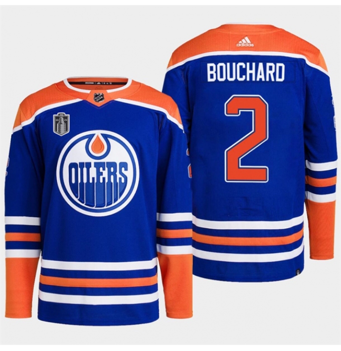 Men's Edmonton Oilers #2 Evan Bouchard Royal 2024 Stanley Cup Final Stitched Jersey