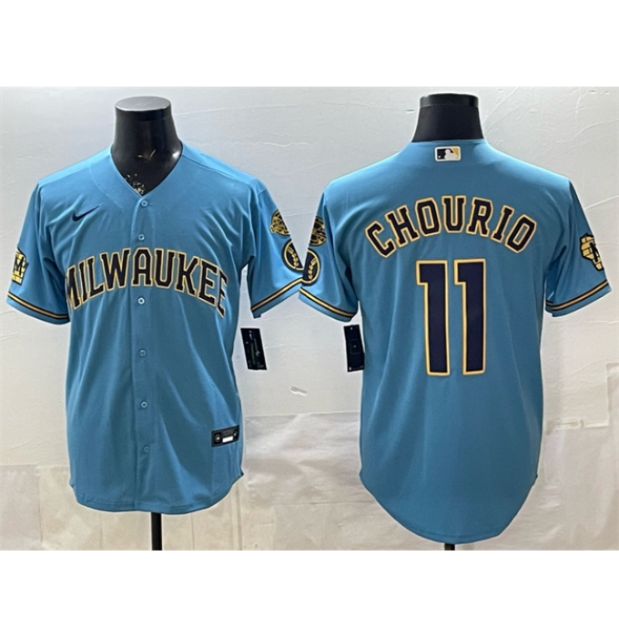 Men's Milwaukee Brewers #11 Jackson Chourio Blue With Home & Bob Uecker Stitched Baseball Jersey