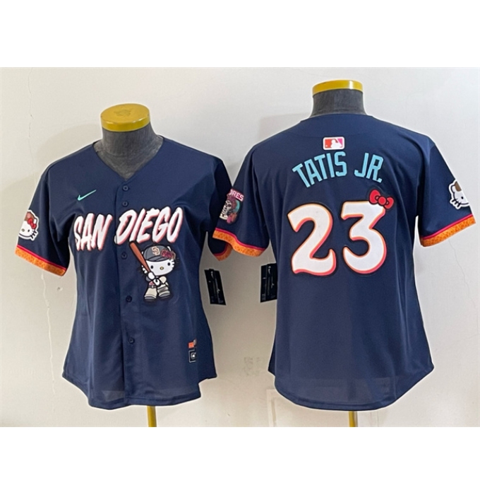 Women's San Diego Padres X Hello Kitty #23 Fernando Tatis Jr. Obsidian 2026 City Connect Stadium Stitched Baseball Jersey(Run Small)