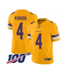 Youth Minnesota Vikings #4 Sean Mannion Limited Gold Inverted Legend 100th Season Football Jersey
