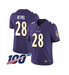 Men's Baltimore Ravens #28 Justin Bethel Purple Team Color Vapor Untouchable Limited Player 100th Season Football Jersey