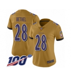 Women's Baltimore Ravens #28 Justin Bethel Limited Gold Inverted Legend 100th Season Football Jersey