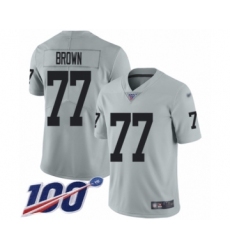 Men's Oakland Raiders #77 Trent Brown Limited Silver Inverted Legend 100th Season Football Jersey