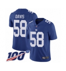 Youth New York Giants #58 Tae Davis Royal Blue Team Color Vapor Untouchable Limited Player 100th Season Football Jersey