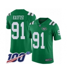 Men's New York Jets #91 Bronson Kaufusi Limited Green Rush Vapor Untouchable 100th Season Football Jersey