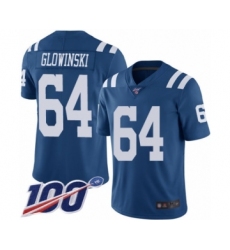 Men's Indianapolis Colts #64 Mark Glowinski Limited Royal Blue Rush Vapor Untouchable 100th Season Football Jersey