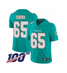 Youth Miami Dolphins #65 Danny Isidora Aqua Green Team Color Vapor Untouchable Limited Player 100th Season Football Jersey
