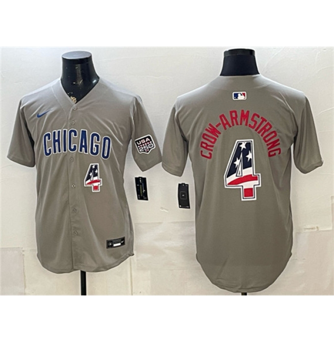 Men's Chicago Cubs #4 Pete Crow-Armstrong Gray 2026 USA 250 Fourth of July Stitched Baseball Jersey