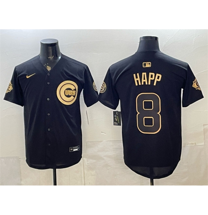 Men's Chicago Cubs #8 lan Happ Black Gold 150th Anniversary Stitched Baseball Jersey