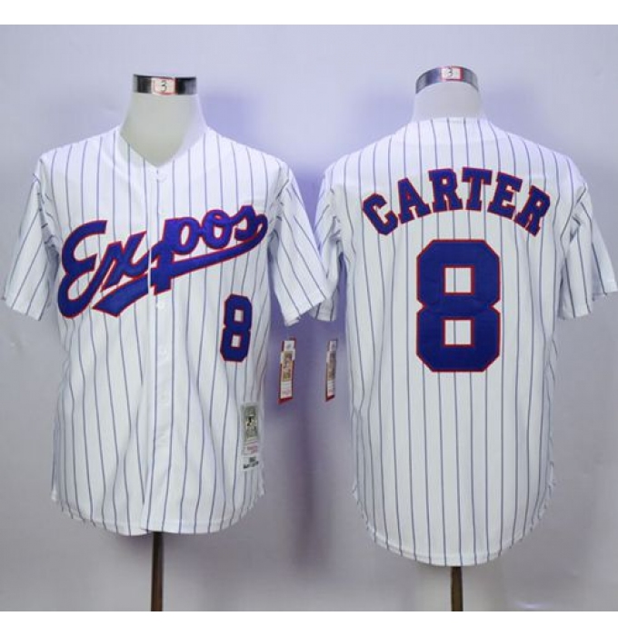 Mitchell And Ness 1982 Expos #8 Gary Carter White(Black Strip) Throwback Stitched Baseball Jersey