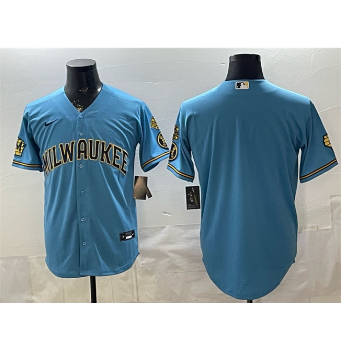 Men's Milwaukee Brewers Blank Blue With Home & Bob Uecker Stitched Baseball Jersey