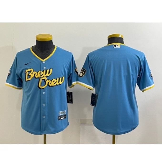 Youth Milwaukee Brewers Blank Blue 2022 City Connect Cool Base Stitched Jersey