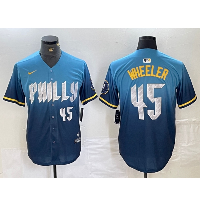 Men's Philadelphia Phillies #45 Zack Wheeler Blue 2024 City Player Number Cool Base Stitched Jersey