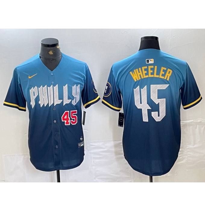 Men's Philadelphia Phillies #45 Zack Wheeler Blue 2024 City Player Number Cool Base Stitched Jerseys