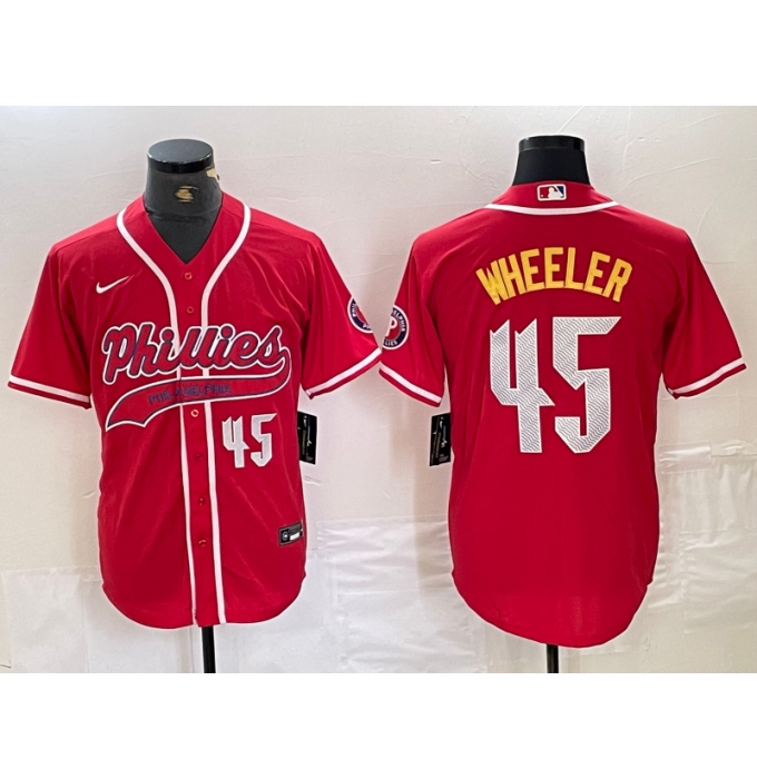 Men's Philadelphia Phillies #45 Zack Wheeler Number Red Cool Base Stitched Baseball Jersey