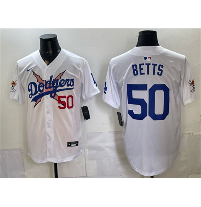 Men's Los Angeles Dodgers x One Piece #50 Mookie Betts White Vapor Premier Limited Stitched Baseball Jersey