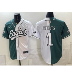 Men's Philadelphia Eagles #1 Jalen Hurts Green White Split Stitched Jersey