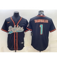 Men's Miami Dolphins #1 Tua Tagovailoa Black With Patch Cool Base Stitched Baseball Jersey