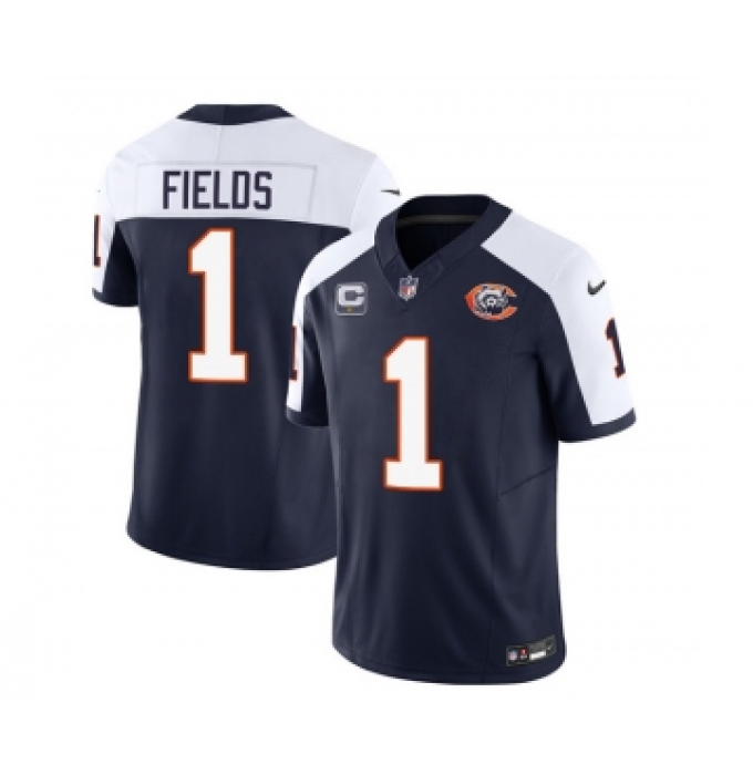 Men's Chicago Bears #1 Justin Fields Navy White 2023 F.U.S.E. 1-star C Throwback Limited Football Stitched Game Jersey