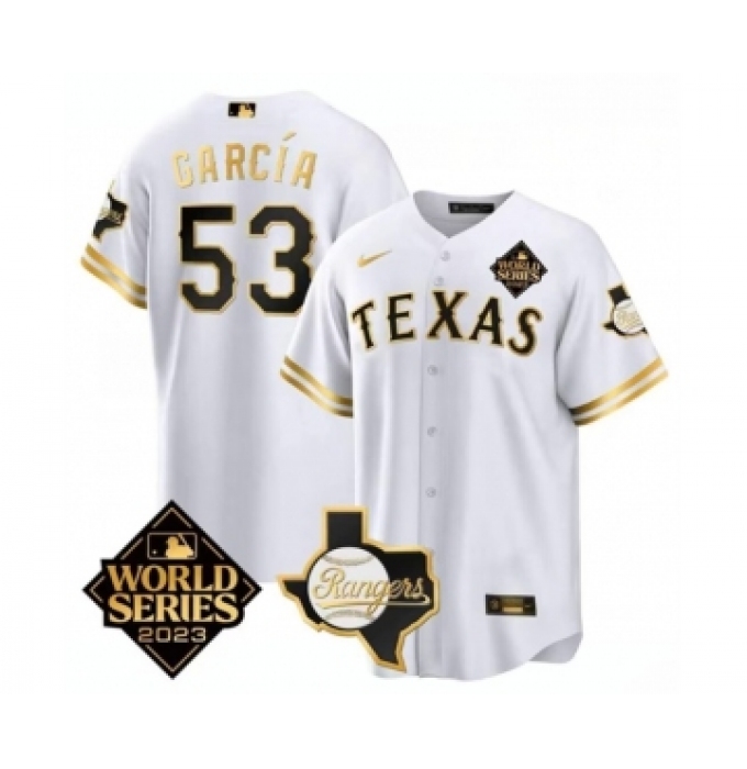 Men's Texas Rangers & Cowboys #53 Adolis García White 2023 World Series Splite Stitched Baseball Jersey