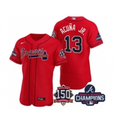 Men's Atlanta Braves #13 Ronald Acuna Jr. 2021 Red World Series Champions With 150th Anniversary Flex Base Stitched Jersey