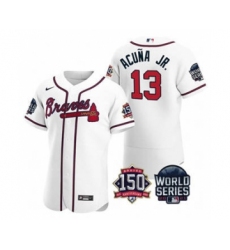 Men's Atlanta Braves #13 Ronald Acuna Jr. 2021 White World Series Flex Base With 150th Anniversary Patch Baseball Jersey