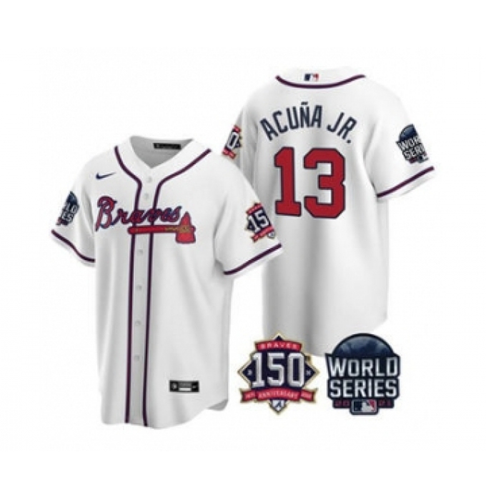 Men's Atlanta Braves #13 Ronald Acuna Jr. 2021 White World Series With 150th Anniversary Patch Cool Base Baseball Jersey