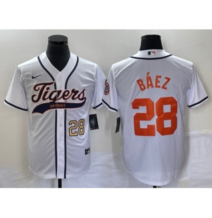 Men's Detroit Tigers #28 Javier Baez Number White Cool Base Stitched Baseball Jersey