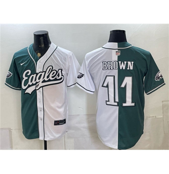 Men's Philadelphia Eagles #11 A.J. Brown Green White Split Stitched Jersey
