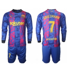 Men 2021-2022 Club Barcelona Second away blue Long Sleeve 7 Soccer Jerseys