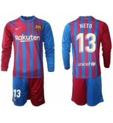 Men 2021-2022 Club Barcelona home red blue Long Sleeve 13 Nike Soccer Jersey