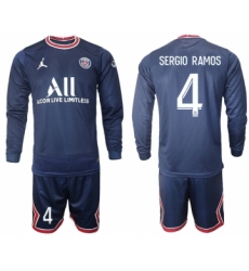 Men 2021-2022 Club Paris St German home blue Long Sleeve 4 Soccer Jersey