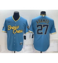 Men's Milwaukee Brewers #27 Willy Adames 2022 Powder Blue City Connect Cool Base Stitched Jersey