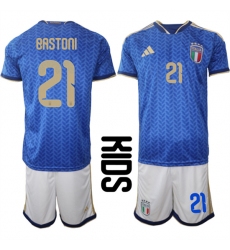 Youth Italy #21 BASTONI National Team FIFA x World Cup 2026 Home Blue On Field Kids Jerseys