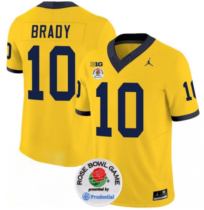 Men's Michigan Wolverines #10 Tom Brady 2023 F.U.S.E. Yellow Rose Bowl Stitched Jersey